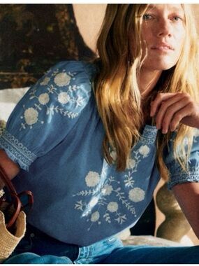 Sézane Blue Cotton Embroidered Peasant Blouse nwot